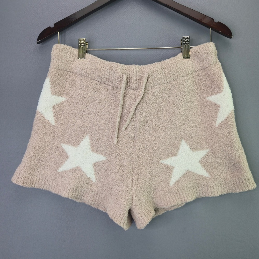 ALAYA Lounge Shorts Star Print Fuzzy Knit Large Tan White Cozy Pajamas 2164